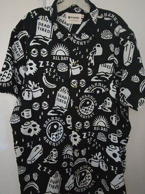 Pyknic Dead Tired All Over Print Button Up Shirt Mens 2XL Skull Coffee Goth